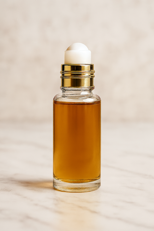 Banana Unisex fragrance oil in a clear glass roll-on bottle with gold cap on marble surface