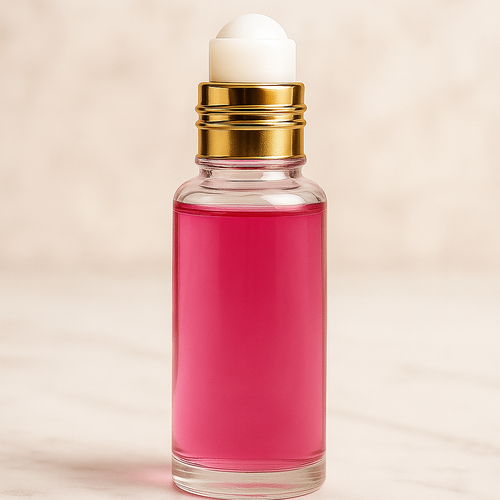 Small glass roller bottle with pink liquid and gold cap, inspired by Baccarat Rouge 540 fragrance