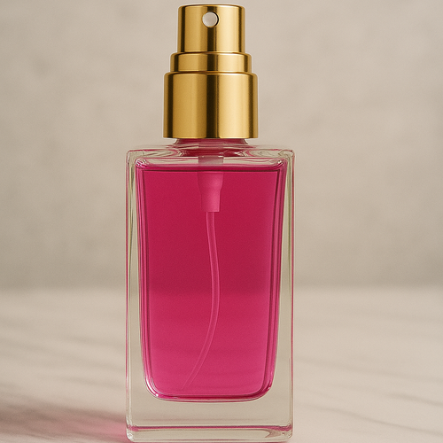 Small glass roller bottle with pink liquid and gold cap, inspired by Baccarat Rouge 540 fragrance