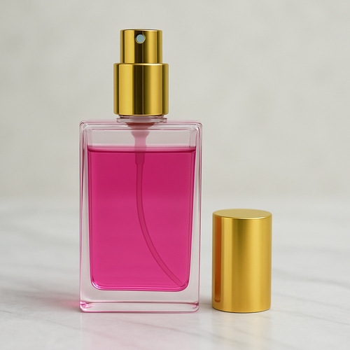 Small glass roller bottle with pink liquid and gold cap, inspired by Baccarat Rouge 540 fragrance