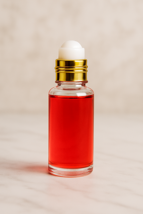 Clear glass perfume bottle with red liquid and gold rollerball cap for baby powder women fragrance