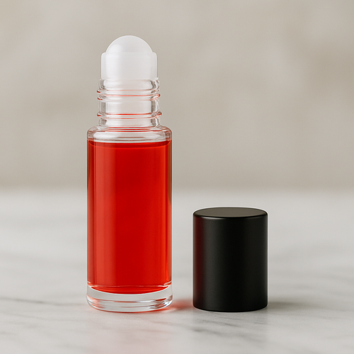 Clear glass roller bottle with red fragrance oil and gold trim cap, representing Heat Kissed By Beyonce perfume.
