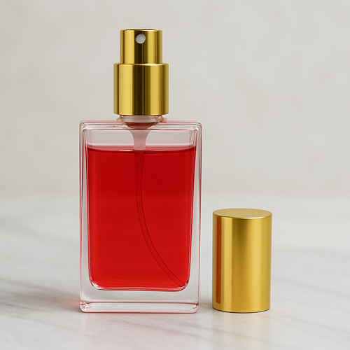 Clear glass roller bottle with red fragrance oil and gold trim cap, representing Heat Kissed By Beyonce perfume.